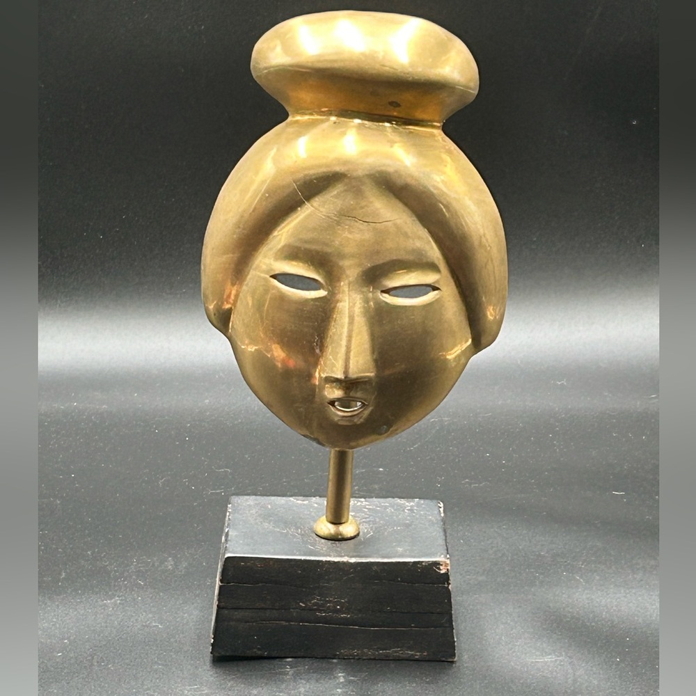 Vintage geisha brass sculpture on wood base, Asian decor